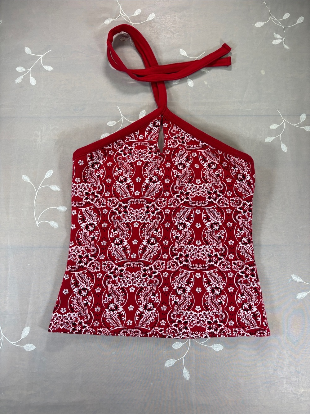 Y2K Energie Red Halter Bandana Floral Print Camisole Woman Medium Boho VTG Vibe